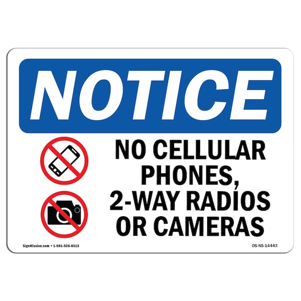 Safety Sign, OSHA Notice, 18" Height, No Cellular Phones 2-Way Radios Sign With Symbol, Landscape